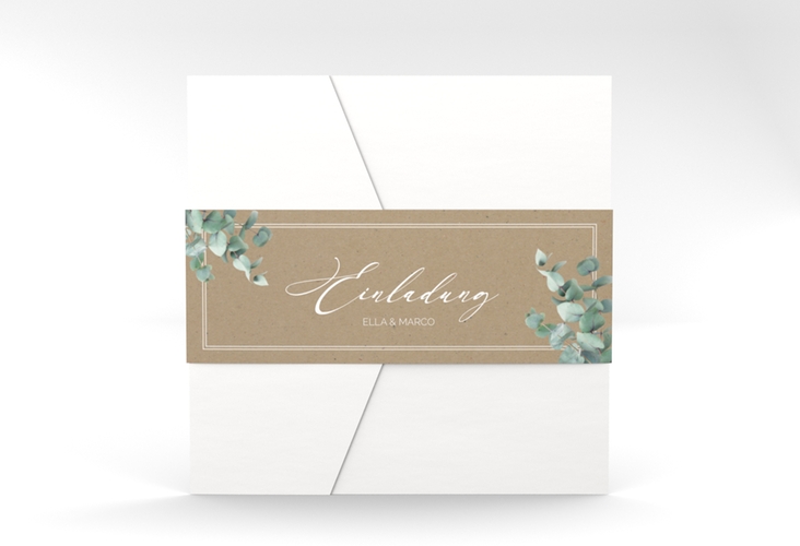 Hochzeitseinladung Eucalypt Pocketfold Kraftpapier mit Eukalyptus und edlem Rahmen