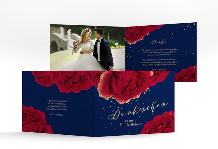 Danksagungskarte Hochzeit Cherie A6 Klappkarte quer blau hochglanz