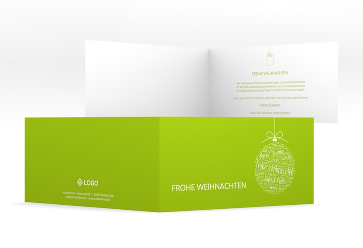 Geschäftliche Weihnachtskarte Wunderkugel lange Klappkarte quer gruen schlicht mit Weihnachtskugel