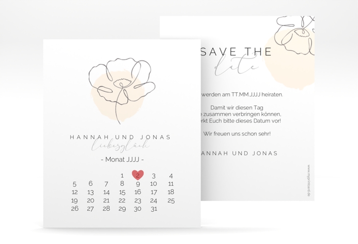 Save the Date-Kalenderblatt Flowerline Kalenderblatt-Karte apricot hochglanz