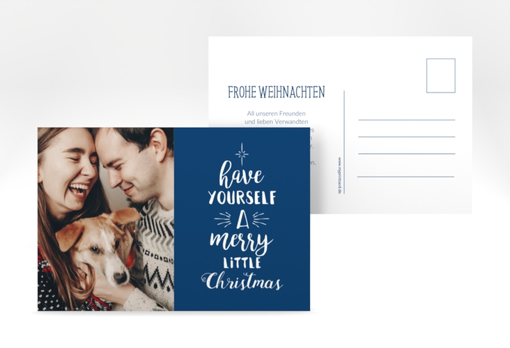 Weihnachtskarte Winterfreuden A6 Postkarte blau hochglanz im Handlettering-Stil mit Foto