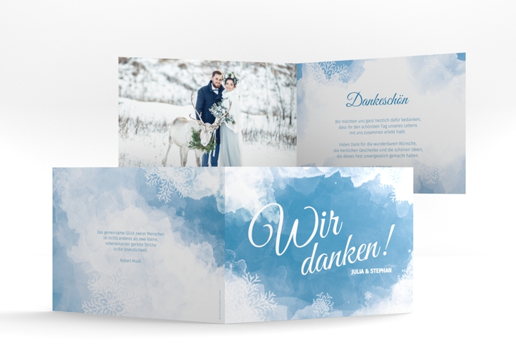 Danksagungskarte Hochzeit Frozen A6 Klappkarte quer blau hochglanz mit Winter-Design
