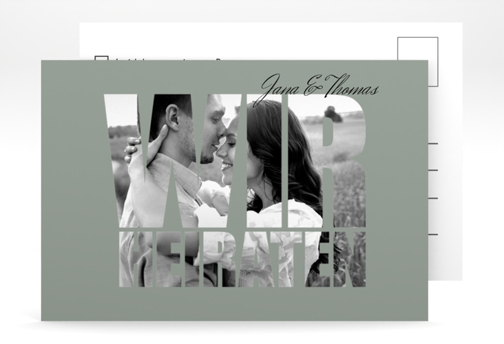 Antwortkarte Hochzeit Letters A6 Postkarte gruen hochglanz