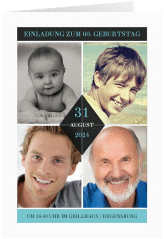 Einladung 60. Geburtstag Rhombus A6 Klappkarte hoch tuerkis modern mit vier Fotos