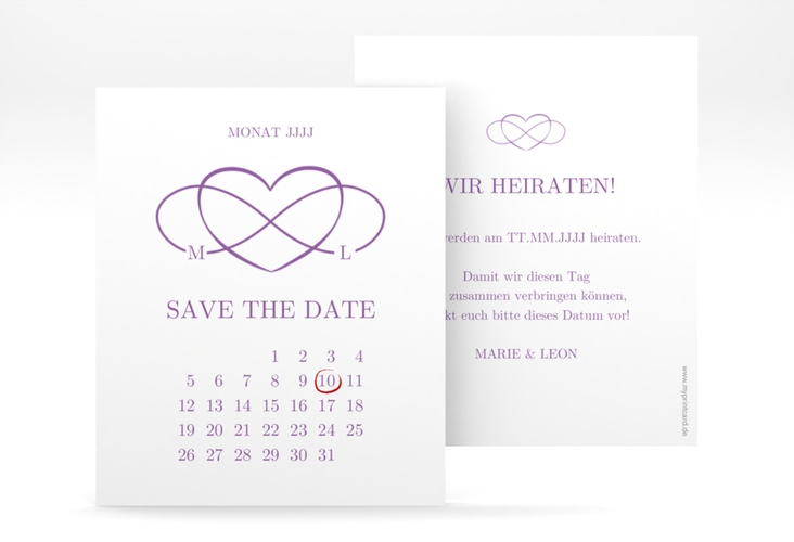 Save the Date-Kalenderblatt Infinity Kalenderblatt-Karte lila hochglanz