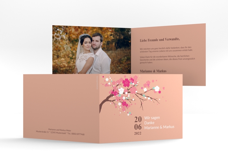 Danksagungskarte Hochzeit Sakura A6 Klappkarte quer apricot hochglanz