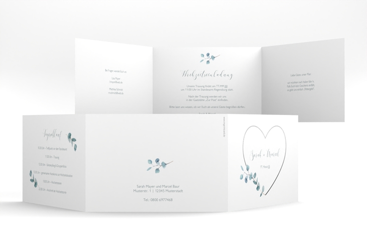 Hochzeitseinladung Greenheart A6 Doppel-Klappkarte hochglanz mit elegantem Herz und Eukalyptus-Zweig