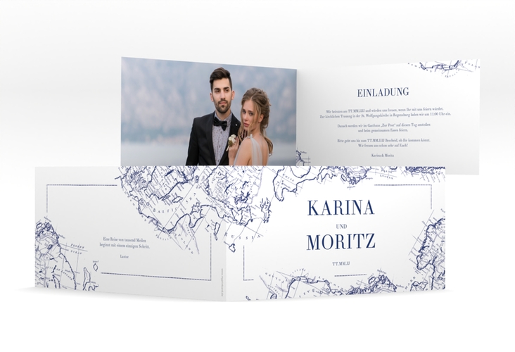 Hochzeitseinladung Voyage lange Klappkarte quer blau