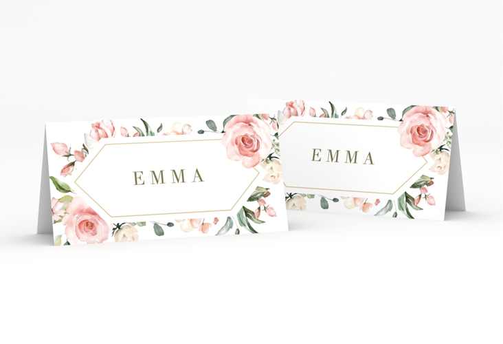Tischkarte Hochzeit Graceful Tischkarten weiss mit Rosenblüten in Rosa und Weiß
