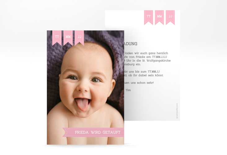 Taufeinladung Trust A6 Karte hoch rosa hochglanz mit Baby-Foto