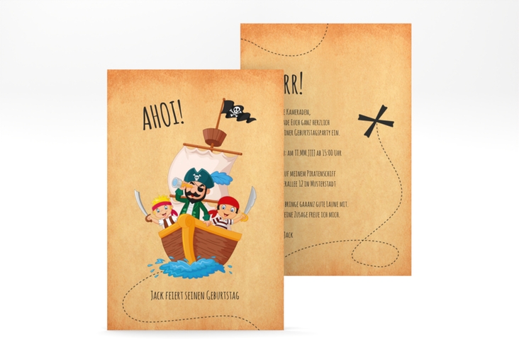 Einladungskarte Kindergeburtstag "Schatzkarte" DIN A6 hoch mit Piratenschiff