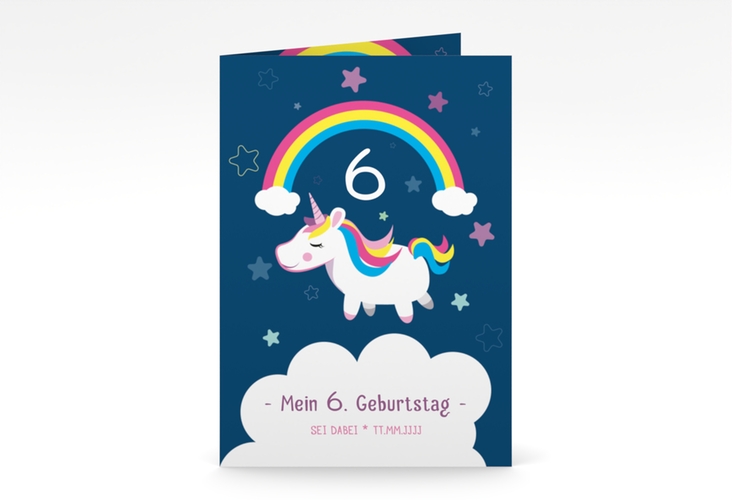 Einladungskarte Kindergeburtstag Unicorn A6 Klappkarte hoch weiss hochglanz mit Einhorn und Regenbogen