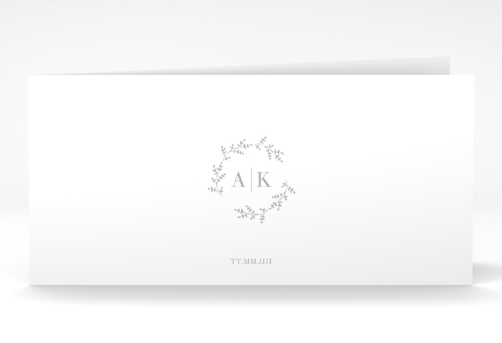 Dankeskarte Hochzeit Filigrana lange Klappkarte quer grau in reduziertem Design mit Initialen und zartem Blätterkranz