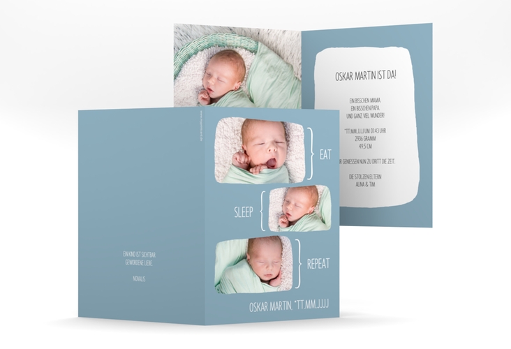 Geburtskarte Sleepy A6 Klappkarte hoch blau hochglanz