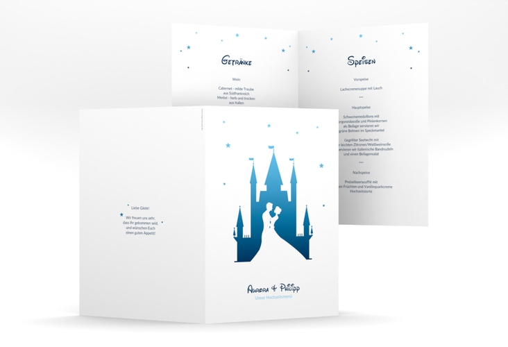 Menükarte Hochzeit Castle A5 Klappkarte hoch blau hochglanz