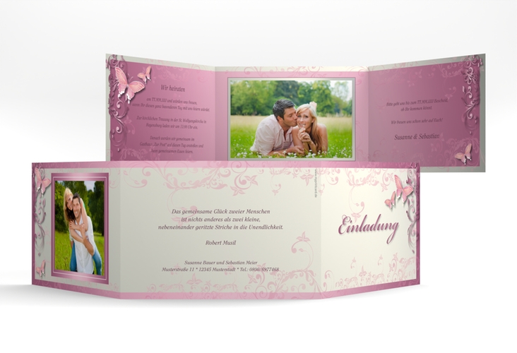 Hochzeitseinladung Toulouse A6 Doppel-Klappkarte rosa hochglanz