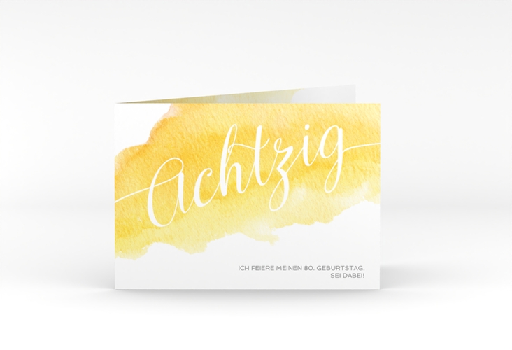 Einladung 80. Geburtstag Aquarell A6 Klappkarte quer gelb
