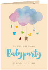 Partyeinladung Babyparty A6 Klappkarte hoch blau mit Wolken-Mobile