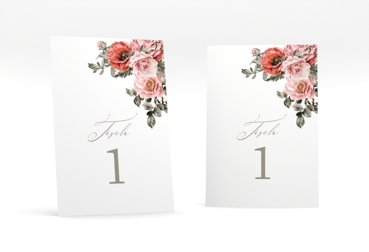 Tischnummer Hochzeit Grazioso Tischaufsteller modern mit Mohnblumen und Rosen