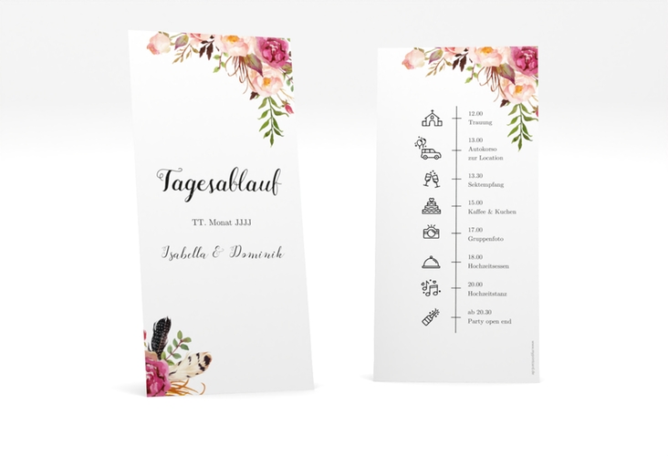 Tagesablauf Hochzeit Flowers lange Karte hoch weiss mit bunten Aquarell-Blumen