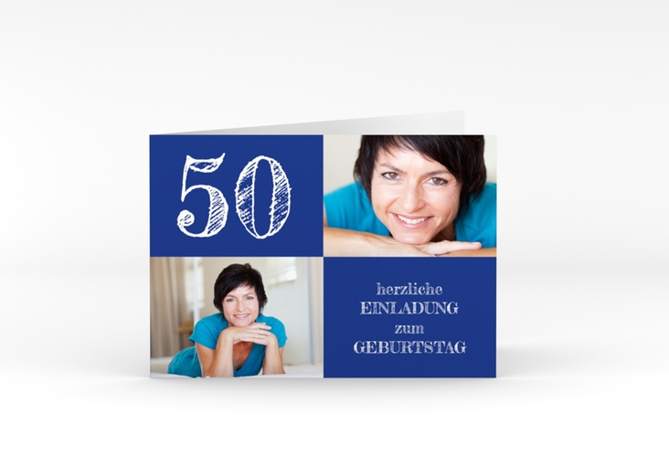 Einladung 50. Geburtstag Lebensfreude A6 Klappkarte quer blau hochglanz