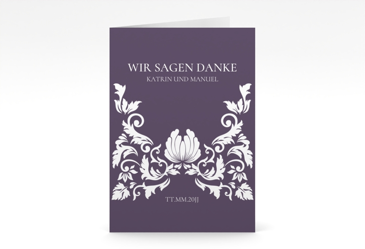 Danksagungskarte Hochzeit Royal A6 Klappkarte hoch lila mit barockem Blumen-Ornament