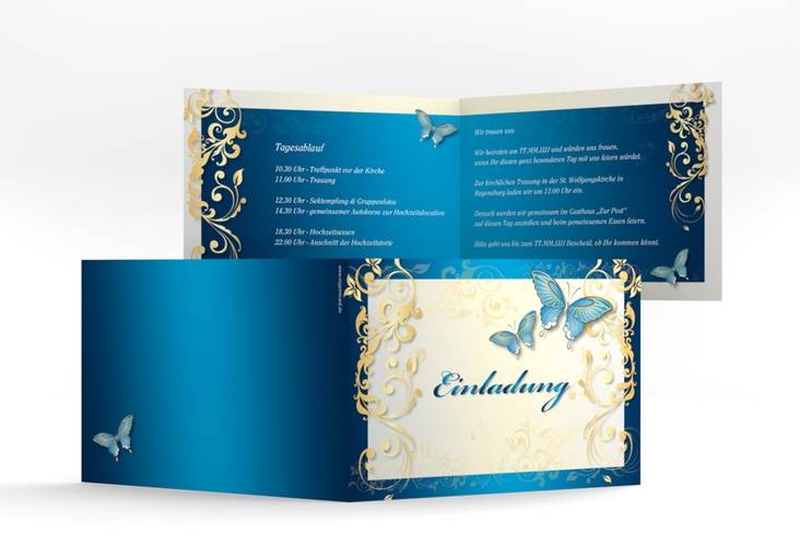 Hochzeitseinladung Toulouse A6 Klappkarte quer blau mit Schmetterlingen und Schnörkeln