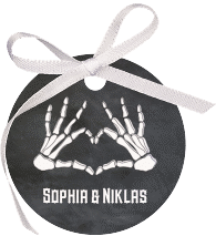 Klick: Details zu Geschenkanhänger Hochzeit "Skeleton" anzeigen Geschenkanhänger Hochzeit Skeleton Geschenkanhänger, rund schwarz mit Skelett-Händen