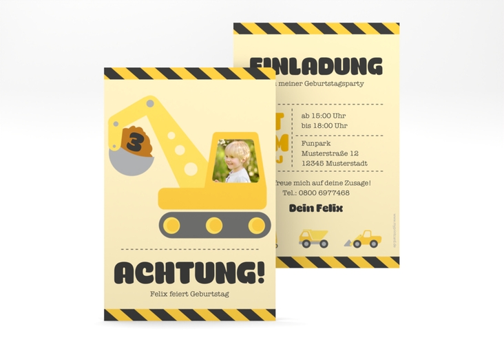 Einladungskarte Kindergeburtstag Bagger A6 Karte hoch gelb mit Meerjungfrau und Fischen