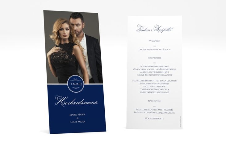 Menükarte Hochzeit Elegancy lange Karte hoch blau