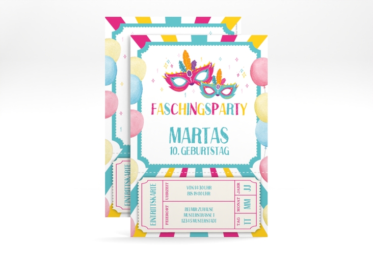 Einladungskarte Kindergeburtstag Fasching A6 Karte hoch bunt mit Karnevals-Masken