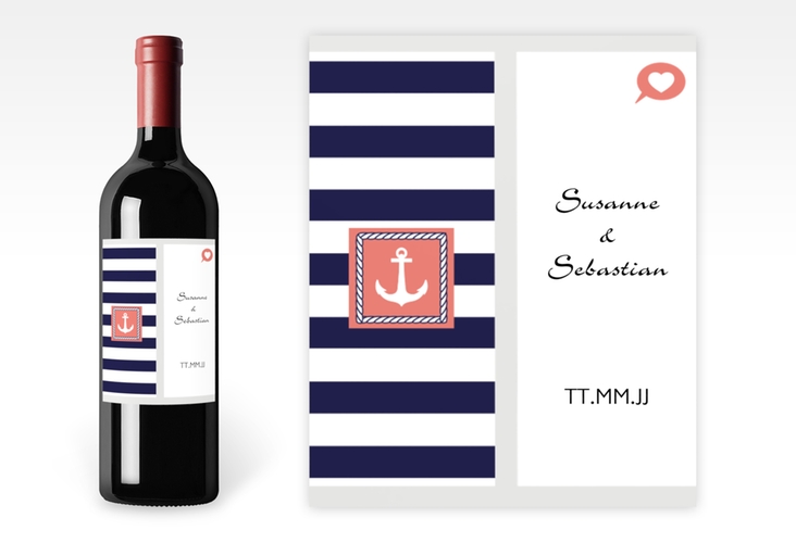 Weinetikett zur Hochzeit Girona Etikett Weinflasche 4er Set mit maritimen Streifen und Anker