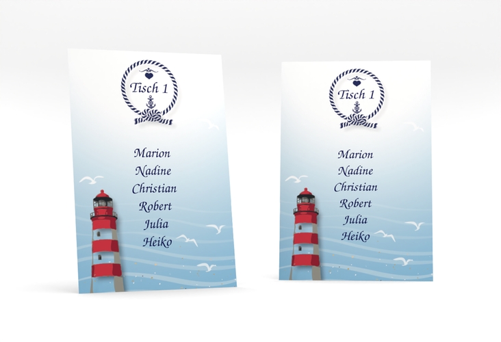 Tischaufsteller Hochzeit Sylt Tischaufsteller blau mit Leuchtturm