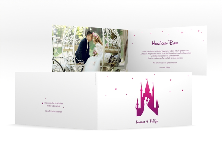 Danksagungskarte Hochzeit Castle lange Klappkarte quer pink hochglanz