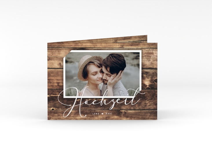 Hochzeitseinladung Rustic A6 Klappkarte quer hochglanz in Holz-Optik mit Foto