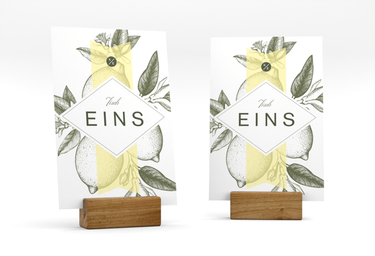 Tischnummer Hochzeit Lemon Tischaufsteller gelb mit mediterranem Zitronen-Kupferstich