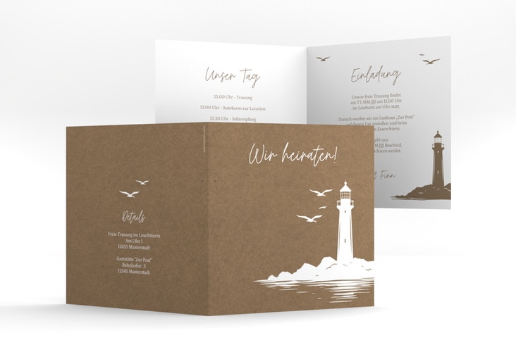 Hochzeitseinladung Leuchtturm quadr. Klappkarte Kraftpapier