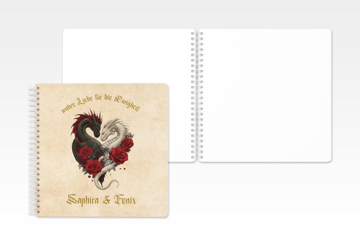 Gästebuch Hochzeit Drachenliebe Ringbindung mit schwarzem und weißem Drachen zu einem Herz verschlungen