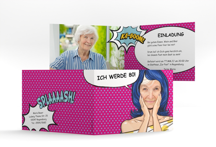 Einladung 80. Geburtstag Popart Woman A6 Klappkarte quer