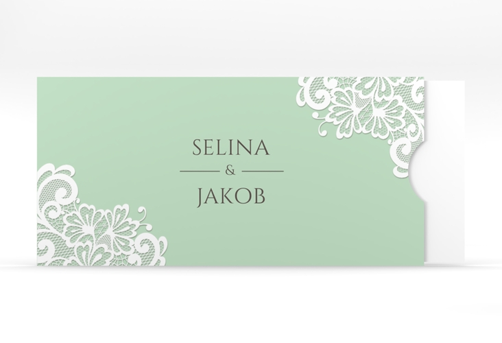 Hochzeitseinladung Vintage Einsteckkarte mint mit floraler Spitze