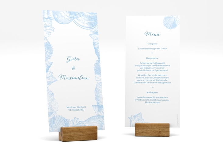 Menükarte Hochzeit "Muschelreich" lange Karte hoch blau