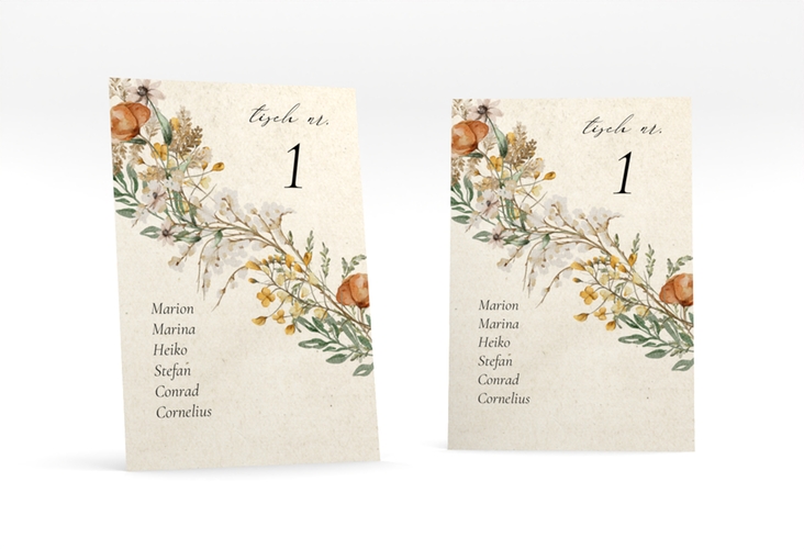 Tischaufsteller Hochzeit Wildfang Tischaufsteller beige mit getrockneten Wiesenblumen
