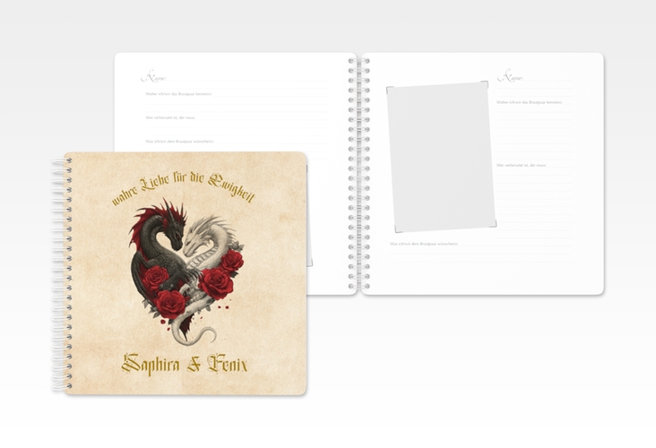 Gästebuch Hochzeit Drachenliebe Ringbindung mit schwarzem und weißem Drachen zu einem Herz verschlungen