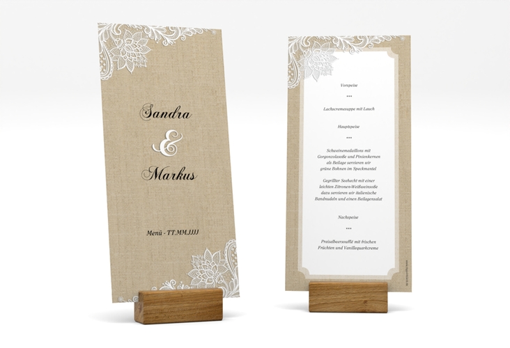 Menükarte Hochzeit Lace lange Karte hoch beige in Leinen-Optik mit weißer Spitze
