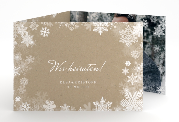 Hochzeitseinladung Snowfall A6 Doppel-Klappkarte mit Schneeflocken für Winterhochzeit