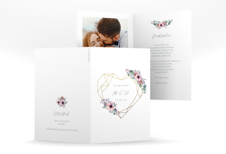Dankeskarte Hochzeit Herzgold A6 Klappkarte hoch mit Gräsern und Trockenblumen für Boho-Hochzeit