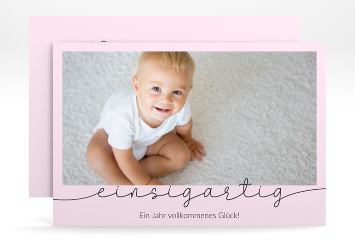 Einladungskarte Kindergeburtstag Einsigartig A6 Karte quer rosa zum ersten Geburtstag mit Kinderfoto