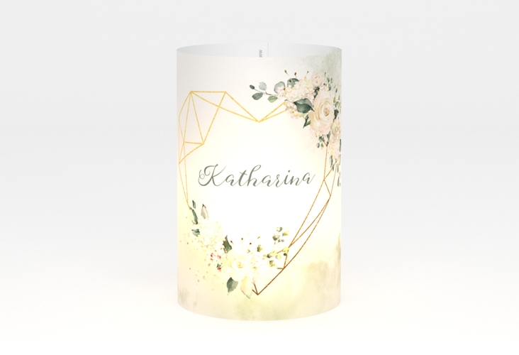 Windlicht Hochzeit Adore Windlicht gruen hochglanz mit geometrischem Herz und Rosen in Pastell