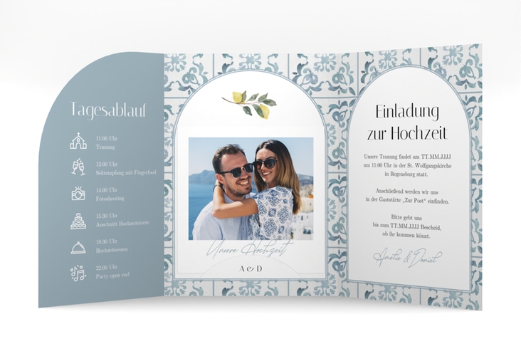 Hochzeitseinladung Azulejo mittlere Bogen-Wickelfalzkarte mit mediterranem Azulejo-Muster und Zitronen