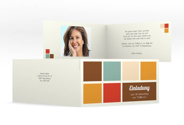 Einladung 50. Geburtstag Daniel/Daniela lange Klappkarte quer in Retro-Farben